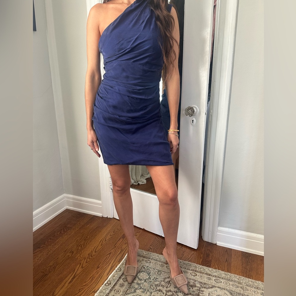 ALLSAINTS Navy Blue Ruched One Shoulder Dress Sz.4 reminiscent of Norma Kamali